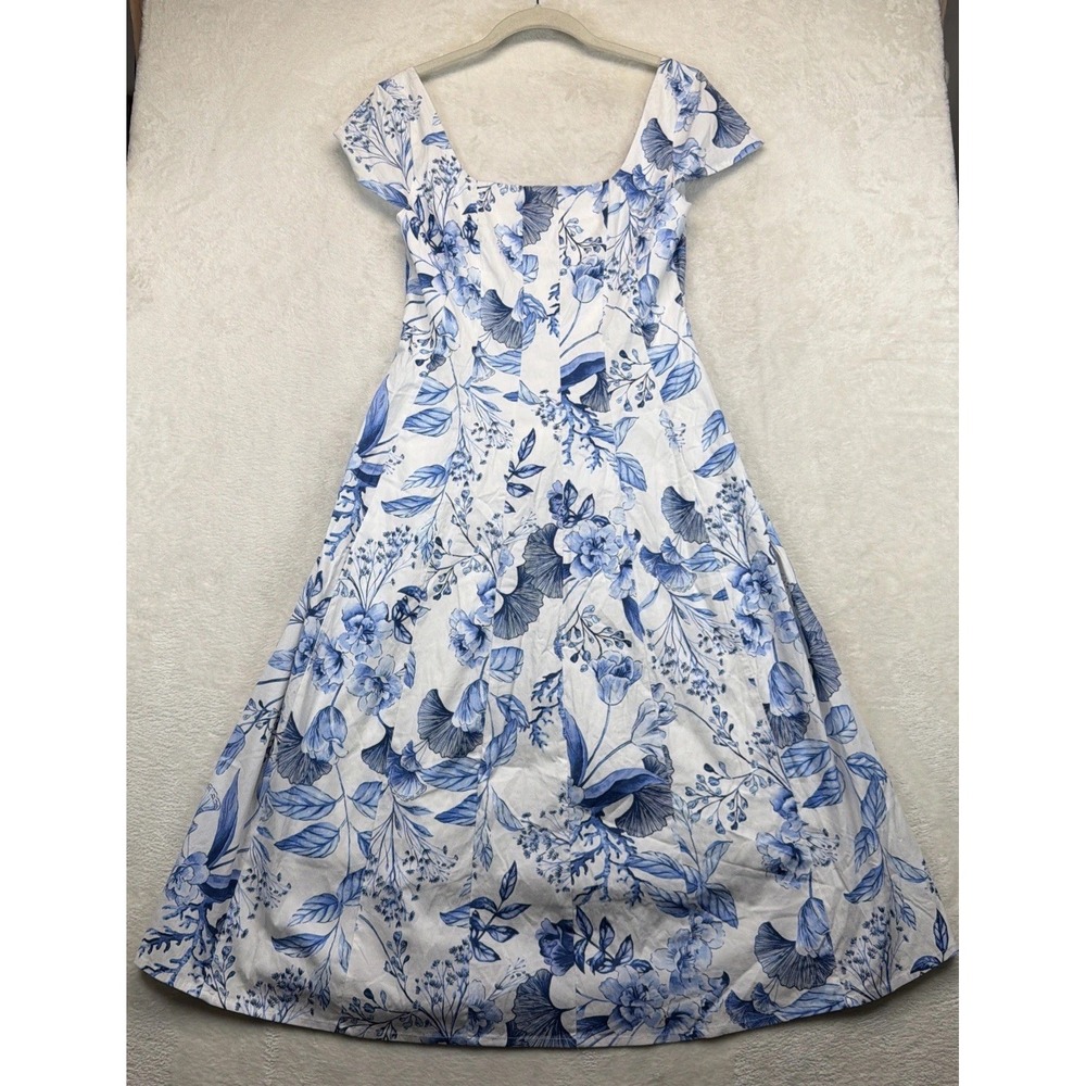 Avec Les Filles Womens Floral Fit Flare Midi Dress Blue White Square Neck Size 4